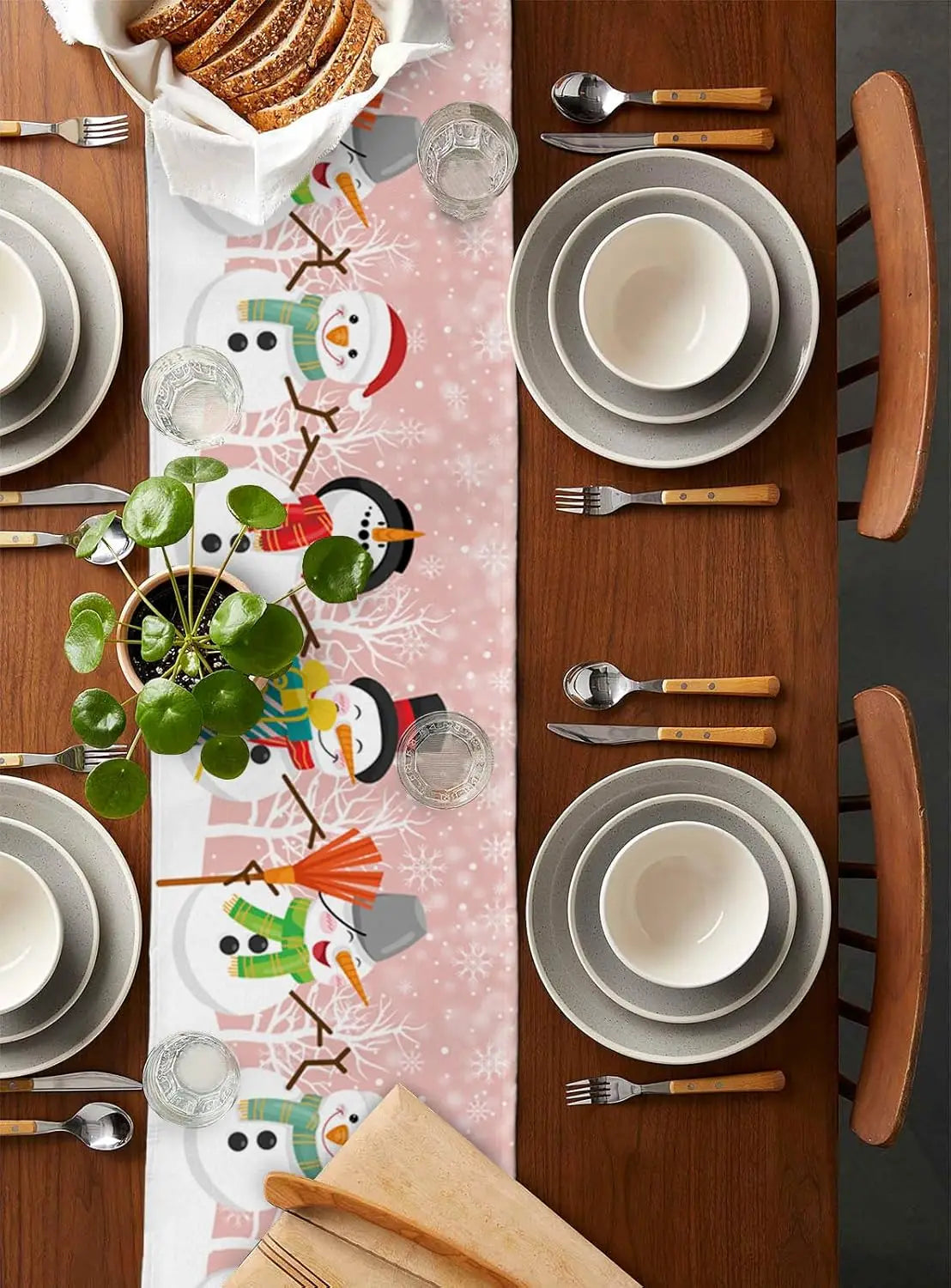 Table Runner Collection - Christmas Snowman Pink Linen Table Runner
