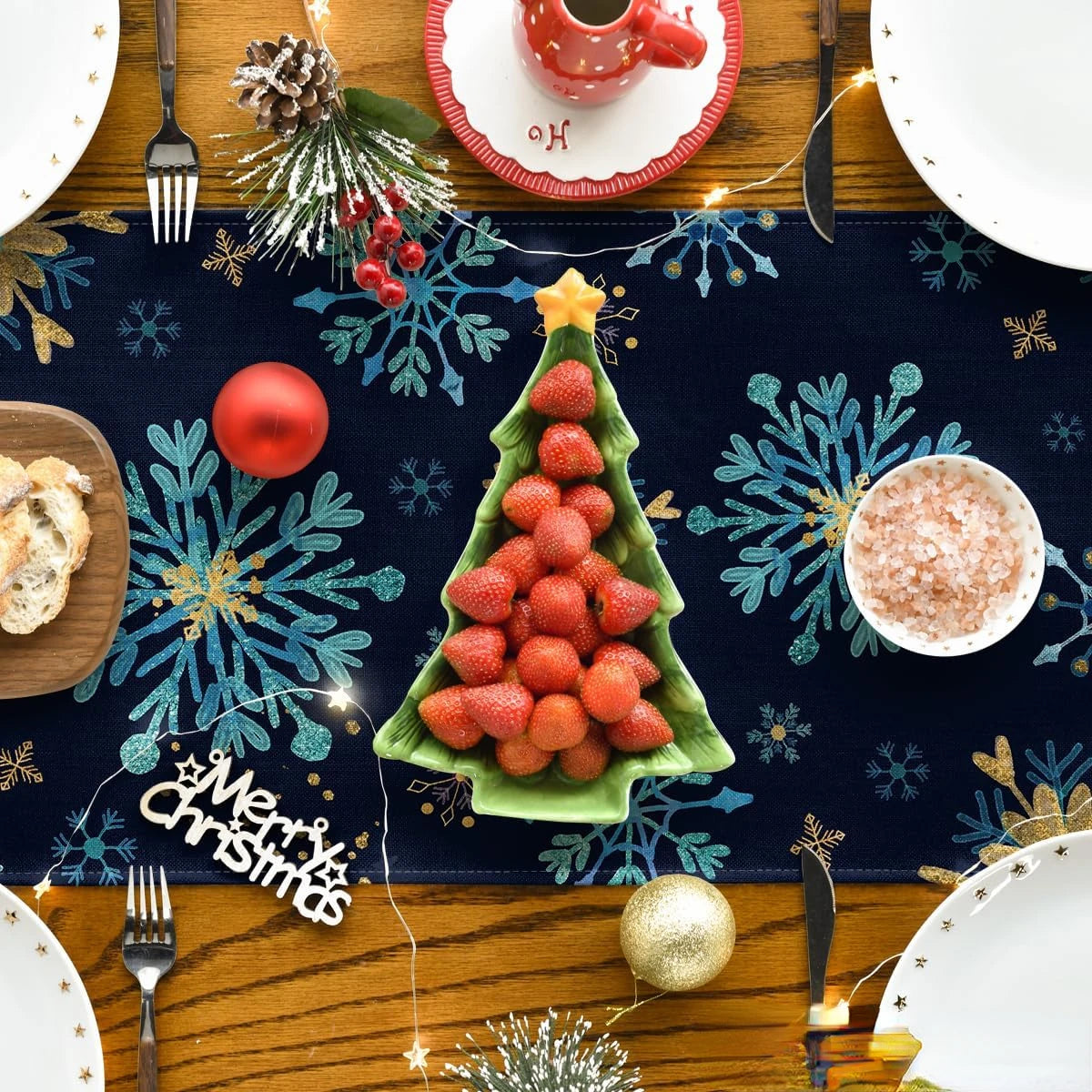 Table Runner Collection - Christmas Blue Snowflakes Hexagon Linen Table Runners
