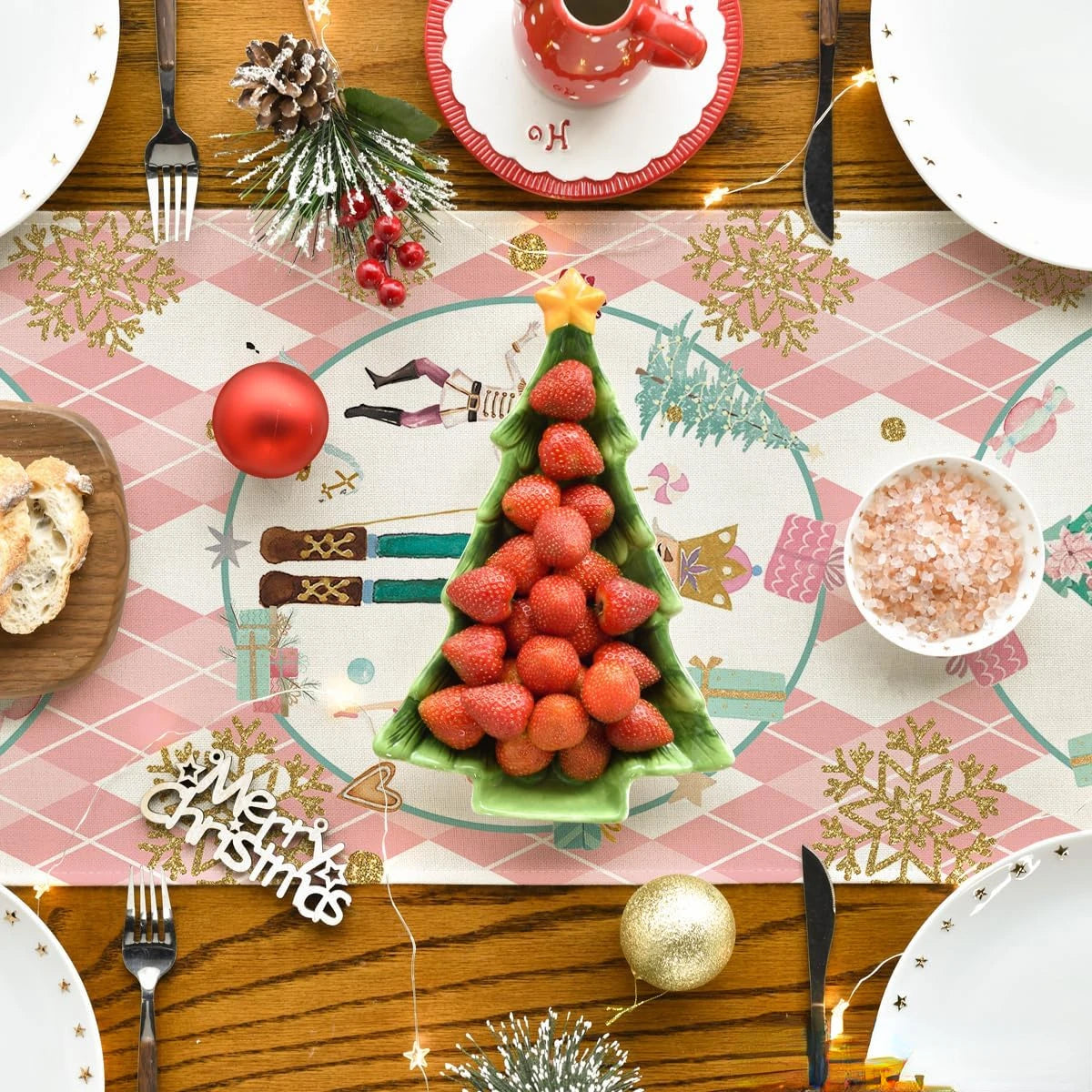 Table Runner Collection- Christmas Pink Diamond Plaid Nutcracker Snowflake Linen Table Runner