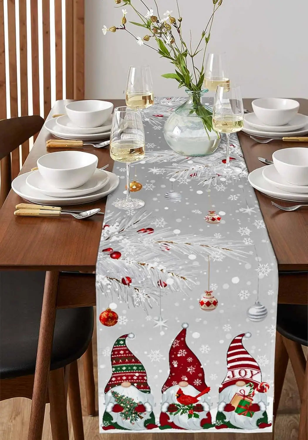Table Runner Collection - Christmas Pink Gnomes Linen Table Runner
