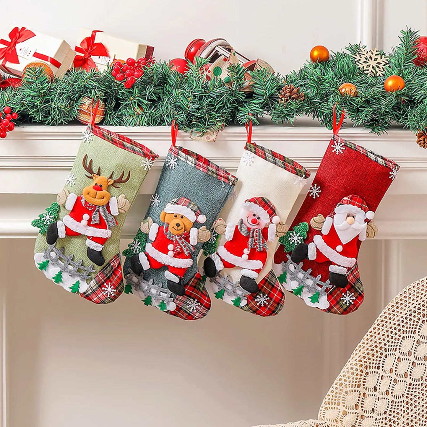 Christmas Stocking Collection - 12 Inch Large 4pcs Christmas Stockings Set – 12” Cotton Holiday Hanging Socks (Santa, Snowman, Reindeer & Tree Designs)