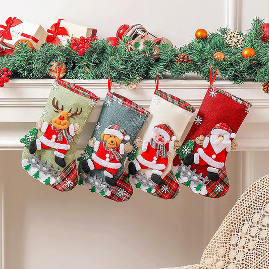 Christmas Stocking Collection - 12 Inch Large 4pcs Christmas Stockings Set – 12” Cotton Holiday Hanging Socks (Santa, Snowman, Reindeer & Tree Designs)