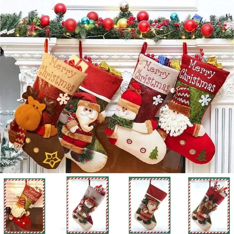 Christmas Stocking Collection -  Snowman Santa Elk Kid Candy Gift Bag Sock Fireplace Decor
