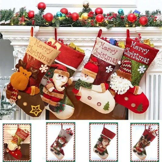 Christmas Stocking Collection -  Snowman Santa Elk Kid Candy Gift Bag Sock Fireplace Decor