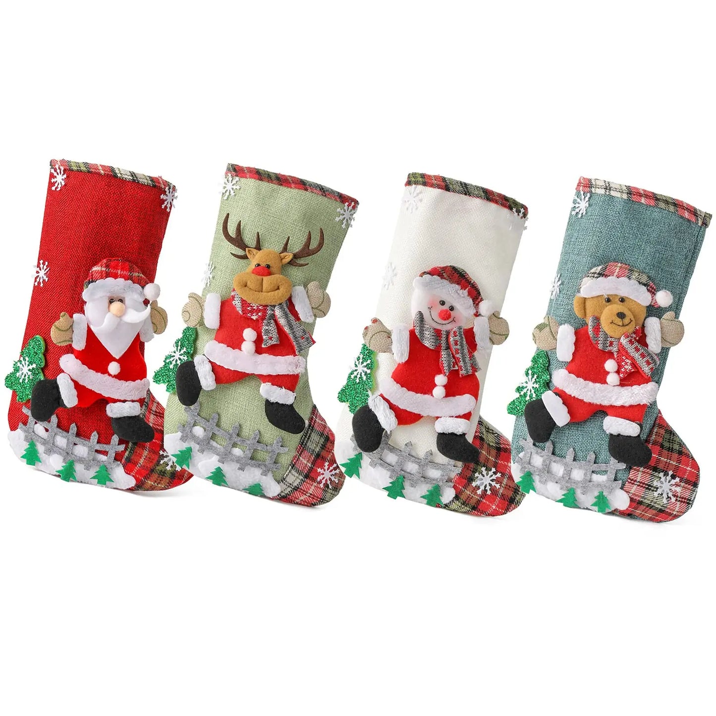 Christmas Stocking Collection - 12 Inch Large 4pcs Christmas Stockings Set – 12” Cotton Holiday Hanging Socks (Santa, Snowman, Reindeer & Tree Designs)