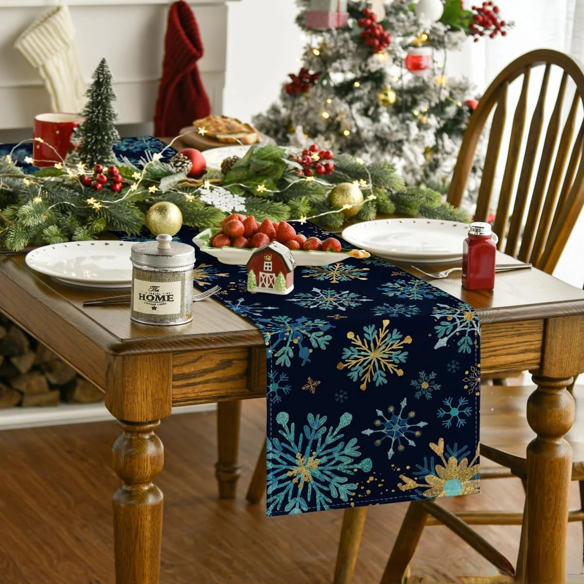 Table Runner Collection - Christmas Blue Snowflakes Hexagon Linen Table Runners