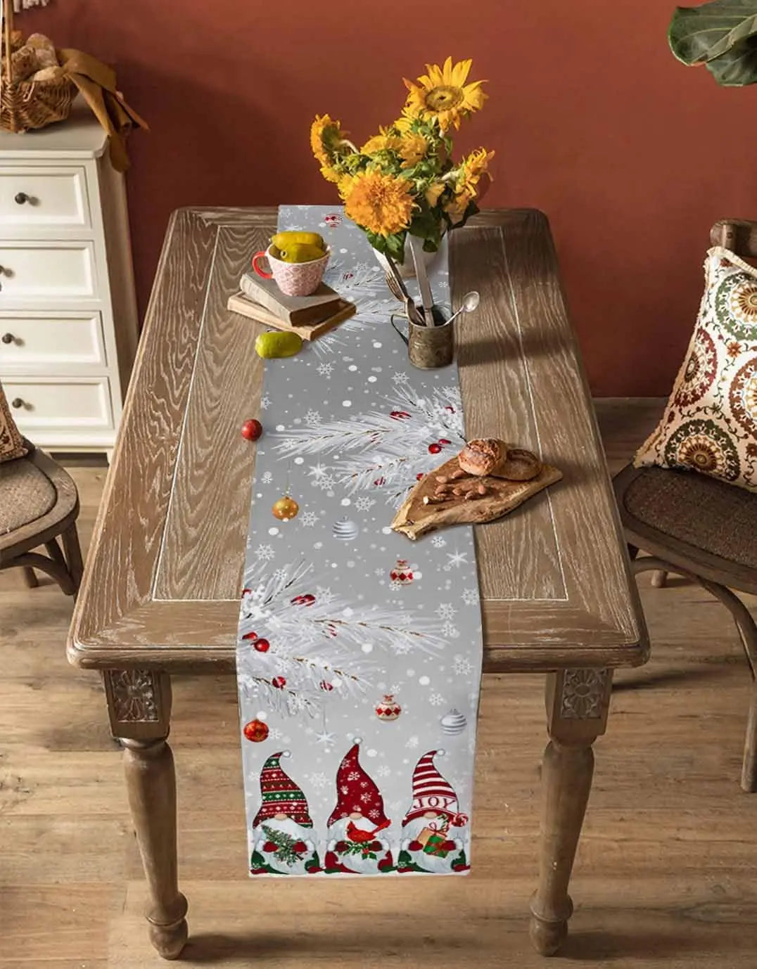 Table Runner Collection - Christmas Pink Gnomes Linen Table Runner