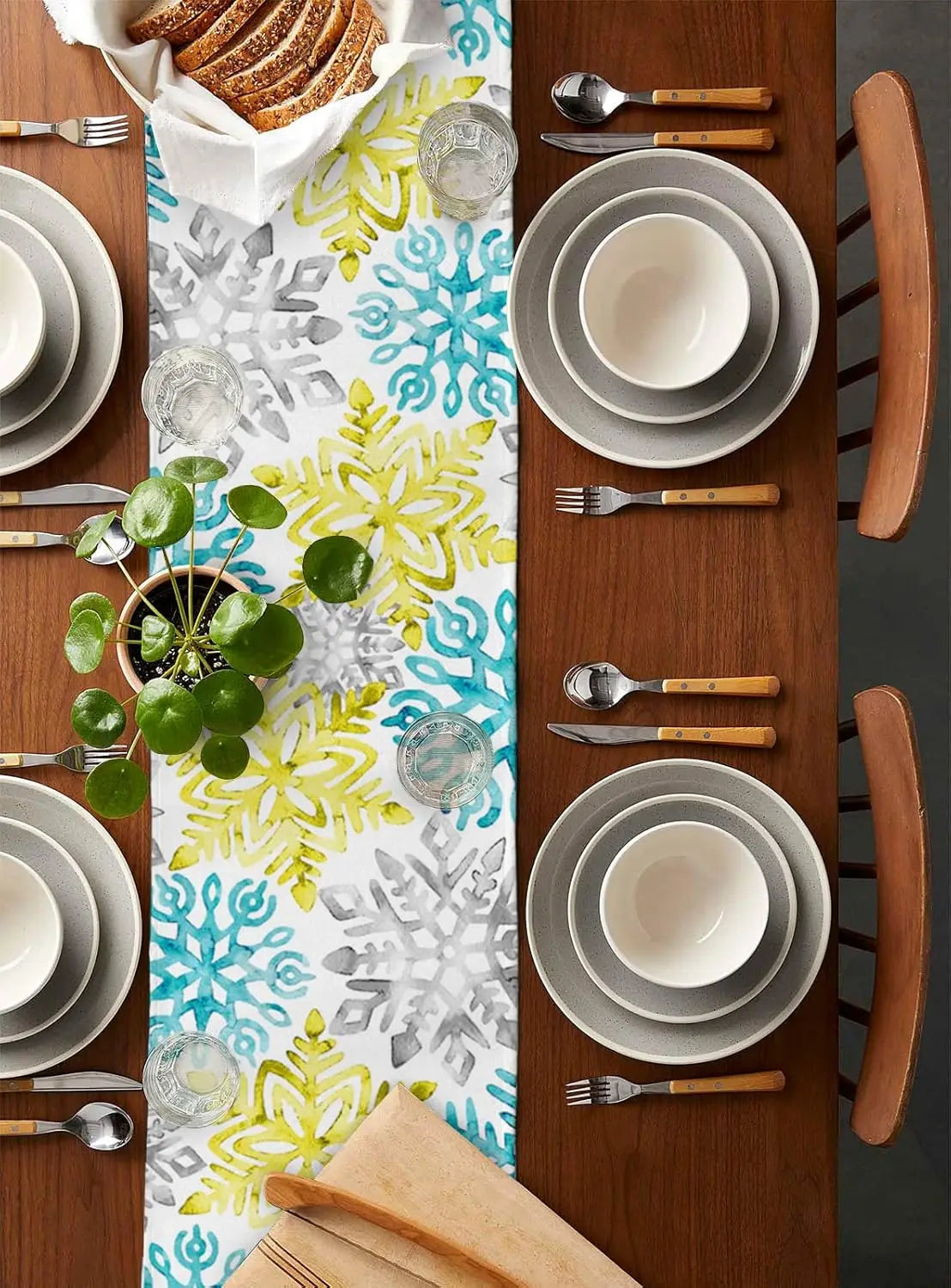 Table Runner Collection - Christmas Yellow Teal Grey Snowflake Linen table runners