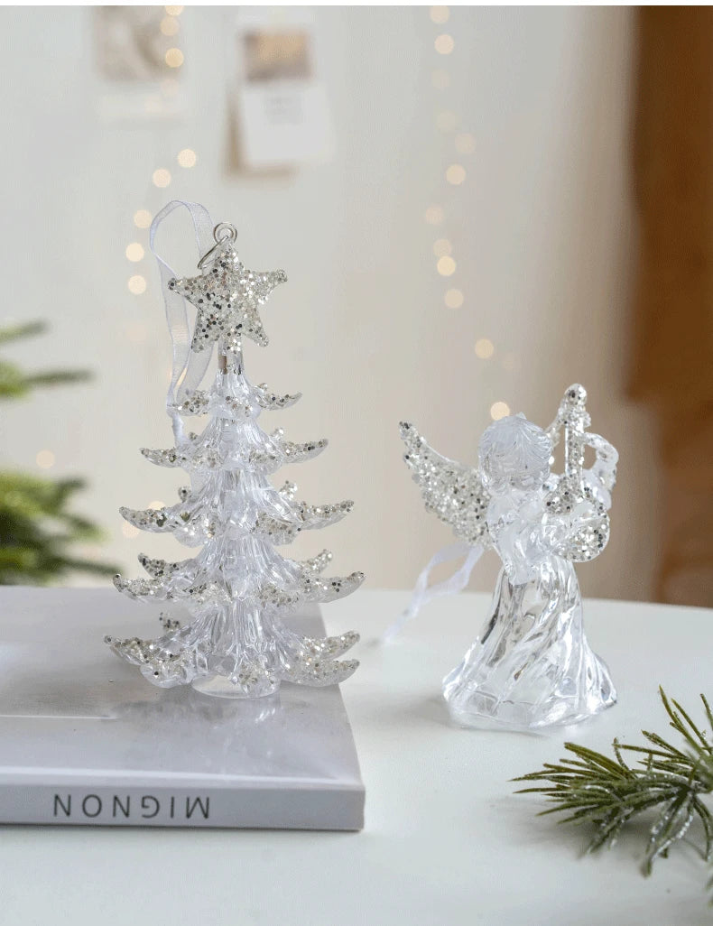 Glass Christmas Hanging Ornaments – Snowflake, Deer & Angel Decorative Pendants