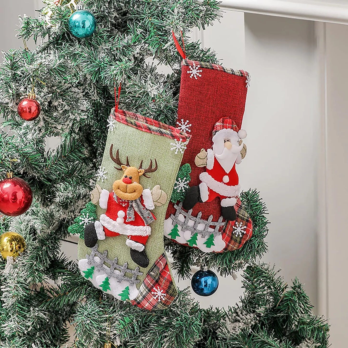 Christmas Stocking Collection - 12 Inch Large 4pcs Christmas Stockings Set – 12” Cotton Holiday Hanging Socks (Santa, Snowman, Reindeer & Tree Designs)