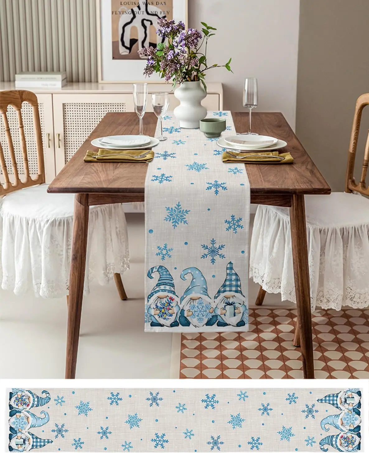 Table Runner Collection - Christmas Blue Gnomes Snowflake Linen Table Runners