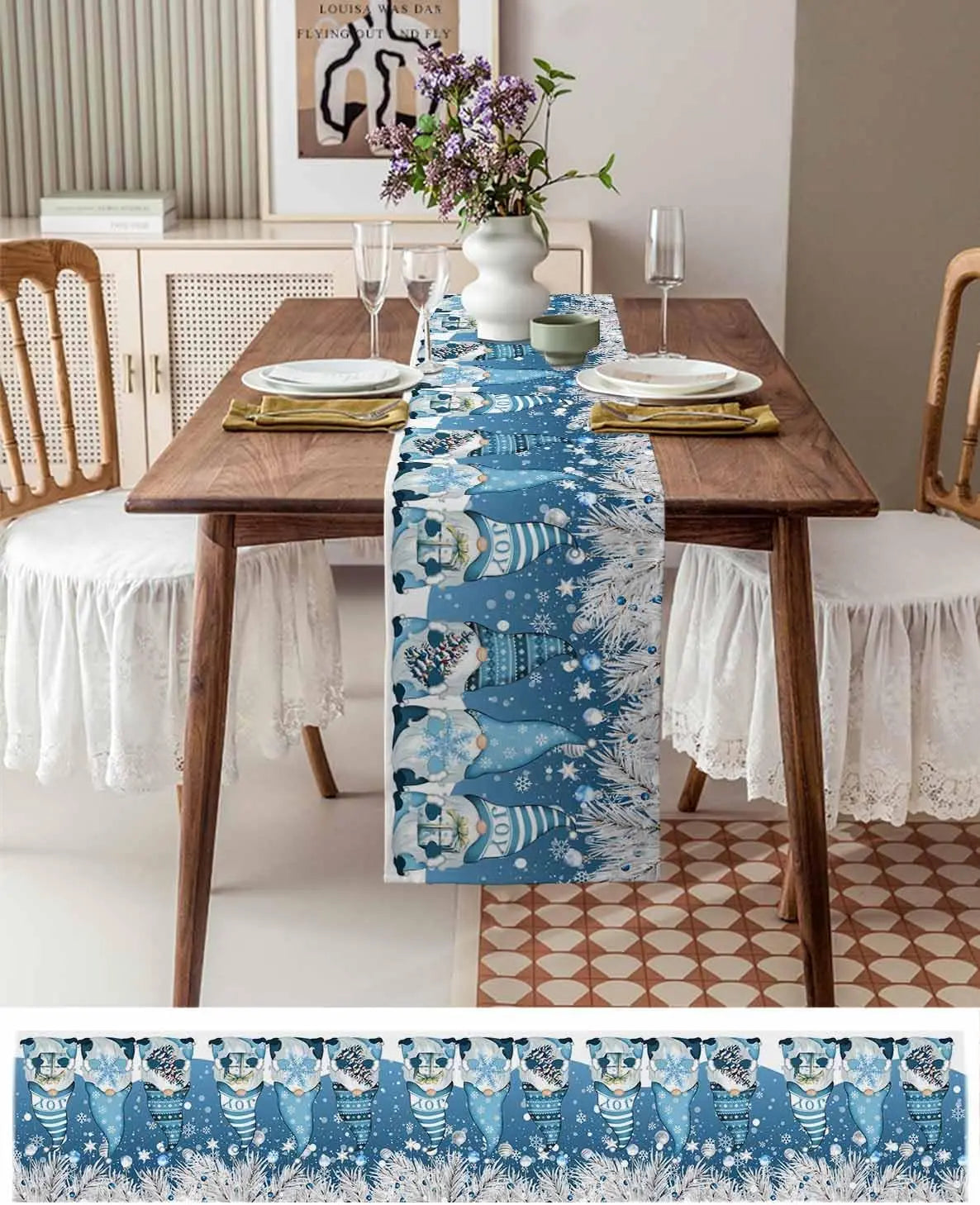 Table Runner Collection - Christmas Blue Gnomes Linen Table Runner