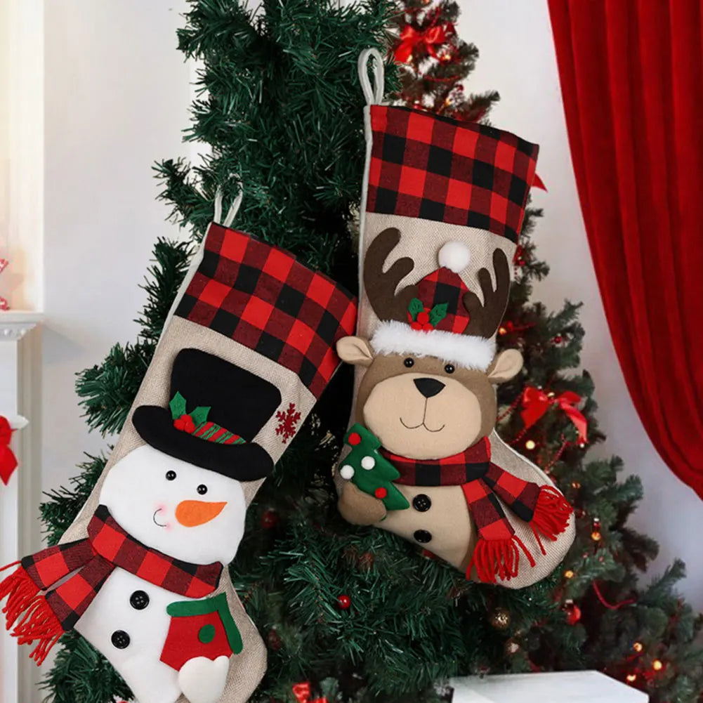 Christmas Stocking Collection -  19 Inch 3D Plush Christmas Stocking – Large Holiday Hanging Gift Sock (Snowman, Santa, Deer, Penguin & Biscuit Designs)