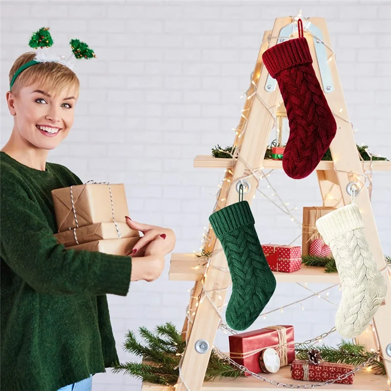 Christmas Stocking Collection - 6pcs Knitted Christmas Stockings Set – Large 18” Holiday Hanging Socks (Red, Green & Ivory)