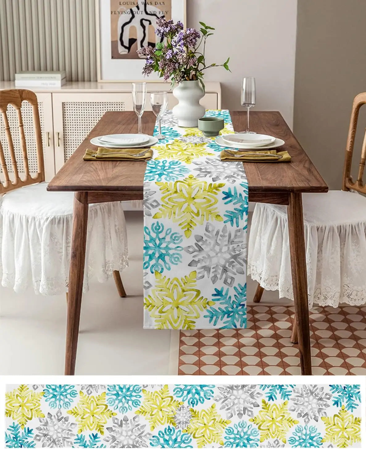 Table Runner Collection - Christmas Yellow Teal Grey Snowflake Linen table runners