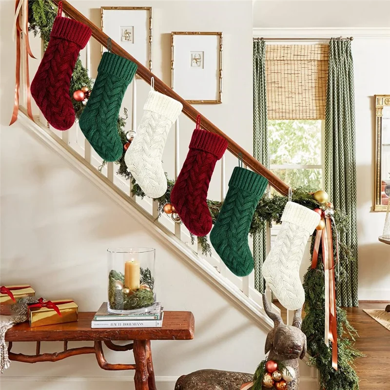 Christmas Stocking Collection - 6pcs Knitted Christmas Stockings Set – Large 18” Holiday Hanging Socks (Red, Green & Ivory)