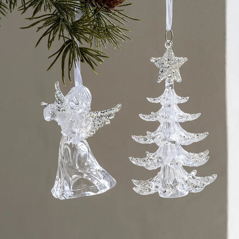 Glass Christmas Hanging Ornaments – Snowflake, Deer & Angel Decorative Pendants