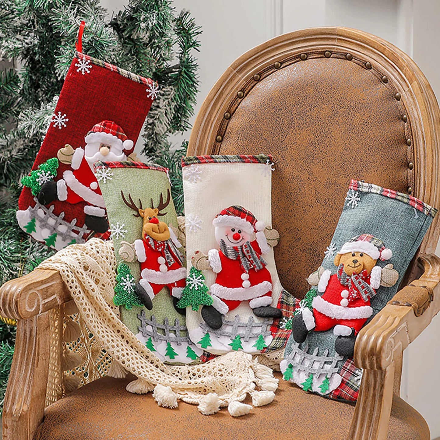 Christmas Stocking Collection - 12 Inch Large 4pcs Christmas Stockings Set – 12” Cotton Holiday Hanging Socks (Santa, Snowman, Reindeer & Tree Designs)
