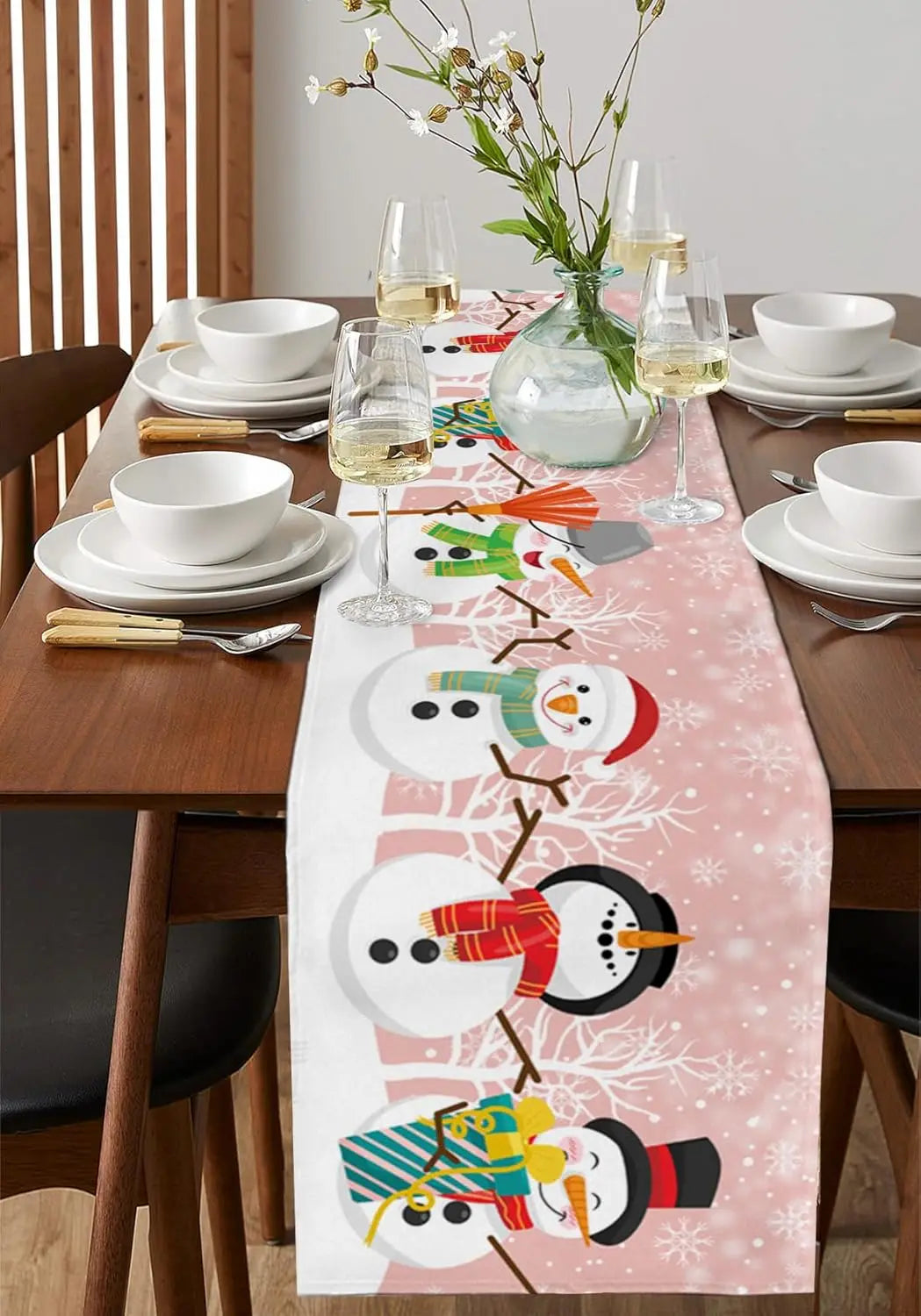 Table Runner Collection - Christmas Snowman Pink Linen Table Runner