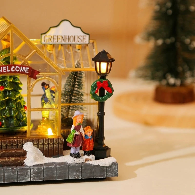 Light-Up Musical Mini Greenhouse Cottage – Resin Christmas Village House with LED & Music