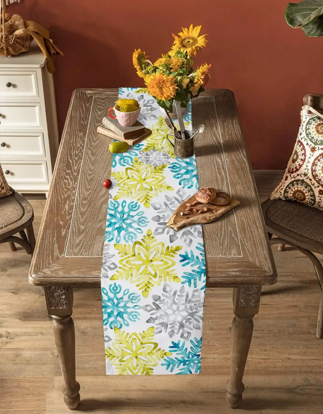 Table Runner Collection - Christmas Yellow Teal Grey Snowflake Linen table runners