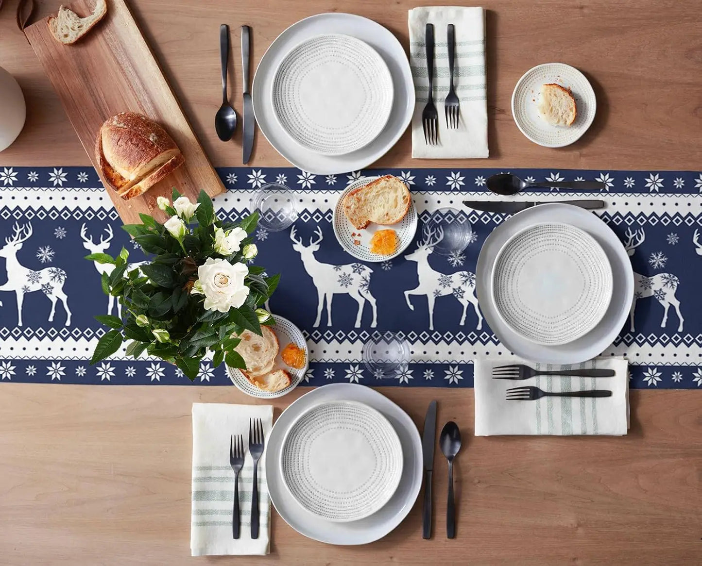 Table Runner Collection - Christmas Elk with Blue Art Snowflake Linen Table Runners