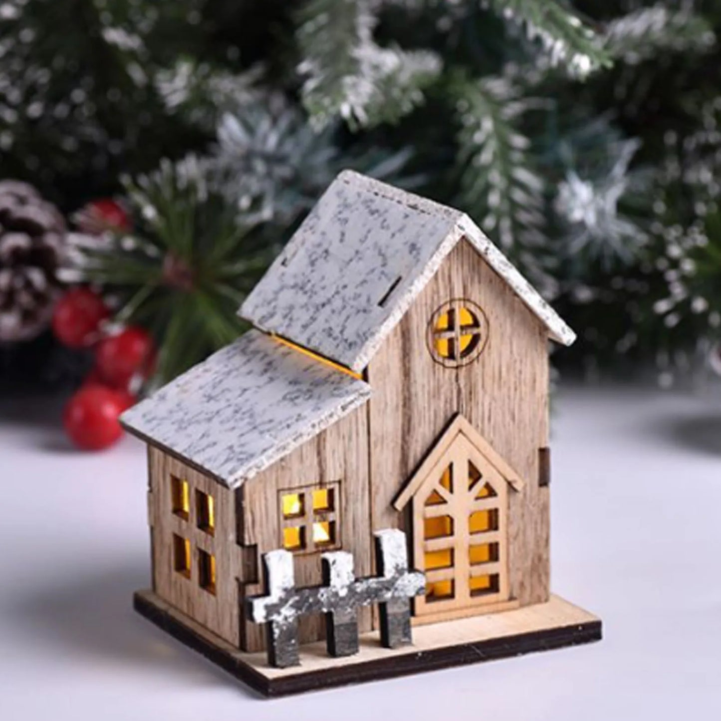 Christmas Village Collection - LED Wooden Christmas Village House Ornament – Light-Up Hanging Cabin Decor