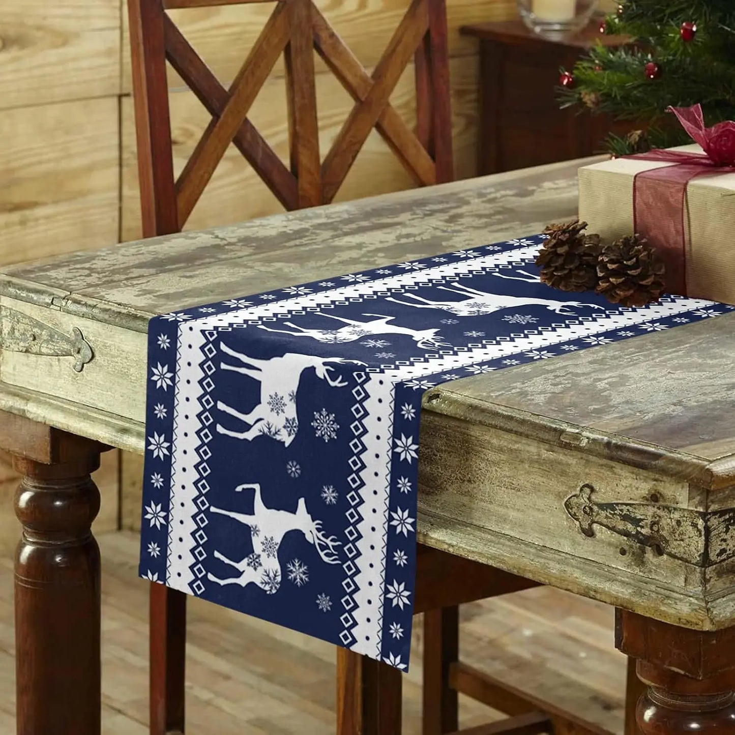 Table Runner Collection - Christmas Elk with Blue Art Snowflake Linen Table Runners
