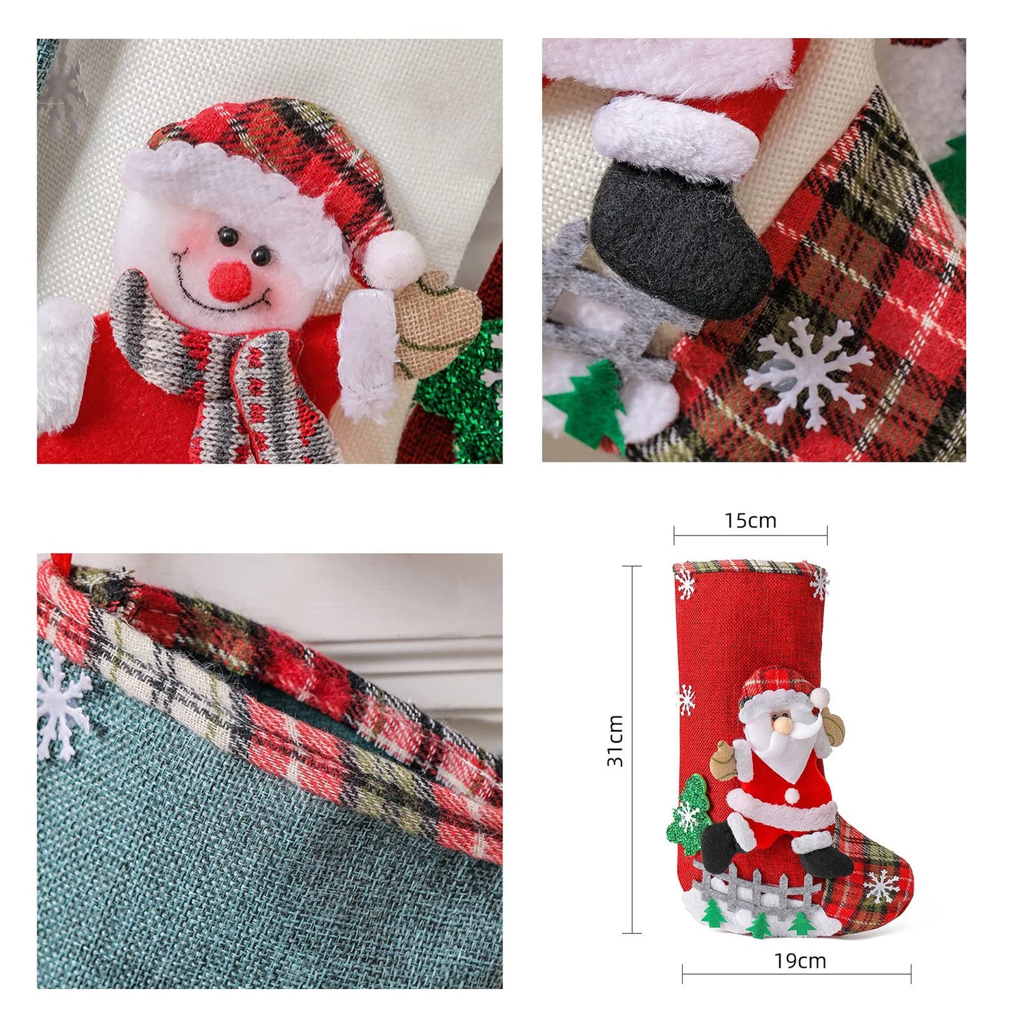 Christmas Stocking Collection - 12 Inch Large 4pcs Christmas Stockings Set – 12” Cotton Holiday Hanging Socks (Santa, Snowman, Reindeer & Tree Designs)