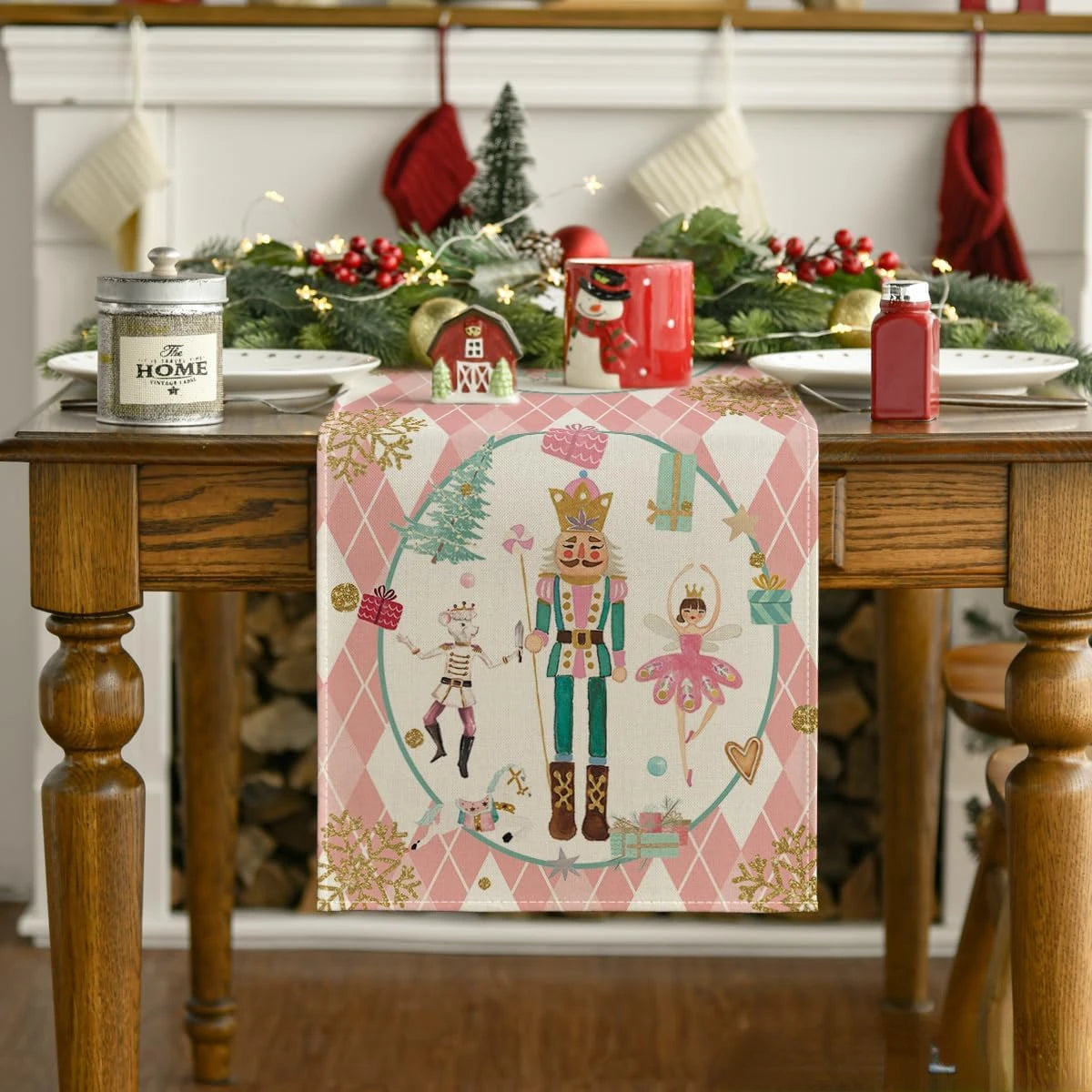 Table Runner Collection- Christmas Pink Diamond Plaid Nutcracker Snowflake Linen Table Runner