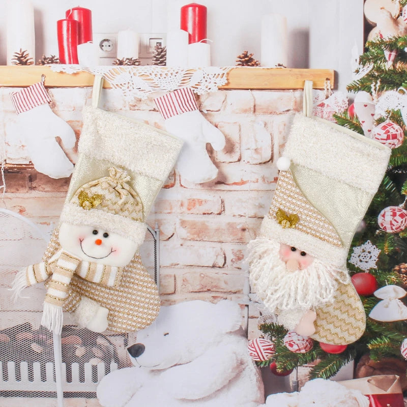 Christmas Stocking Collection - Gold Sequins Christmas Santa Claus Snowman Christmas Tree Socking