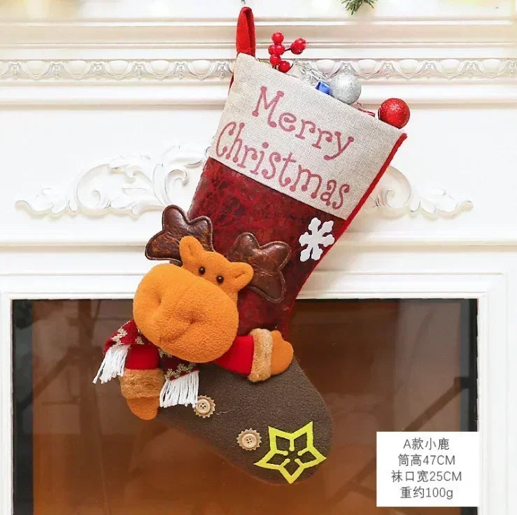 Christmas Stocking Collection -  Snowman Santa Elk Kid Candy Gift Bag Sock Fireplace Decor