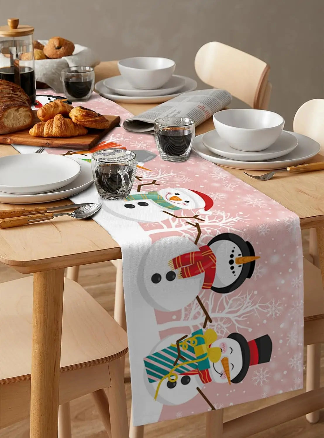 Table Runner Collection - Christmas Snowman Pink Linen Table Runner