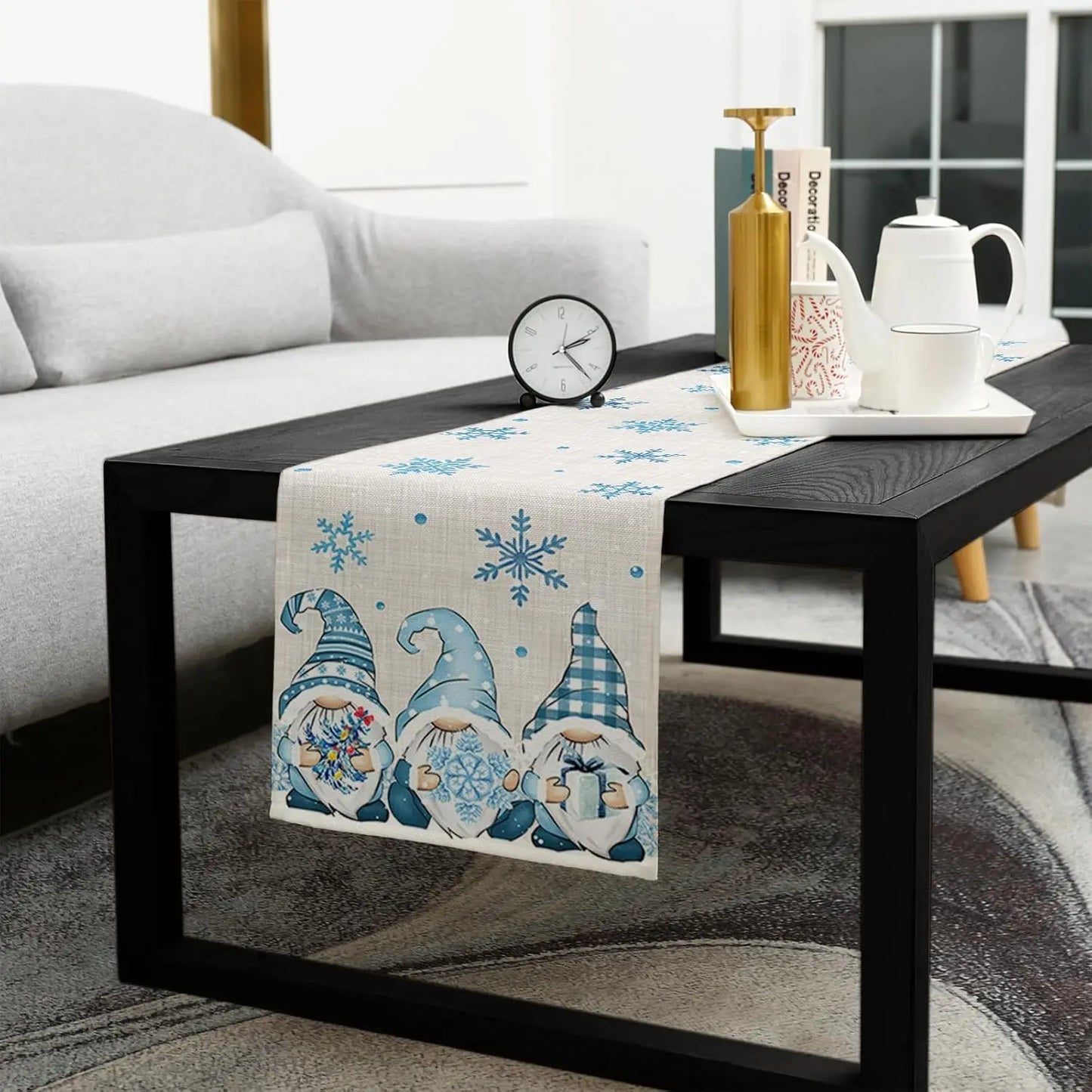 Table Runner Collection - Christmas Blue Gnomes Snowflake Linen Table Runners