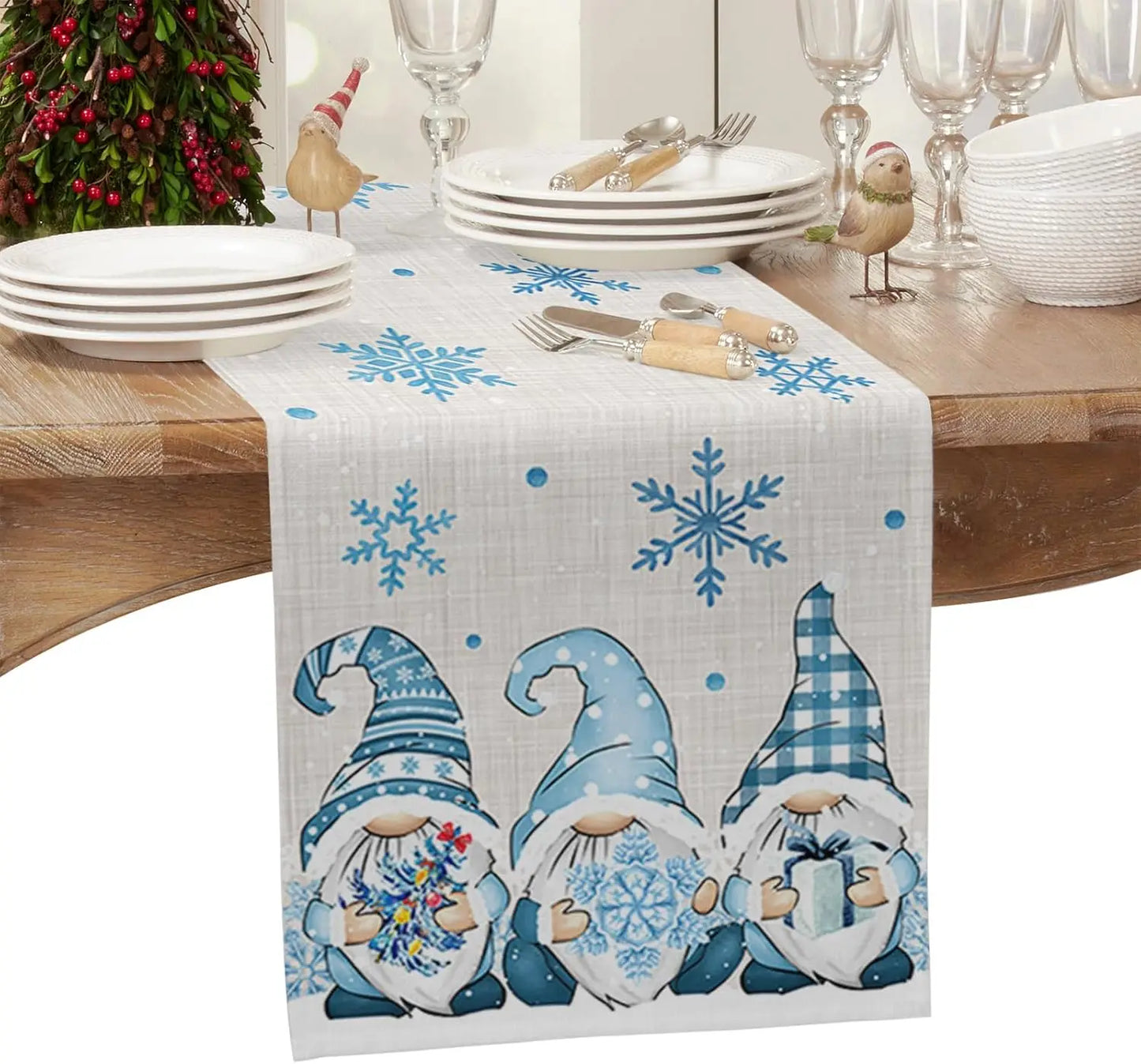 Table Runner Collection - Christmas Blue Gnomes Snowflake Linen Table Runners