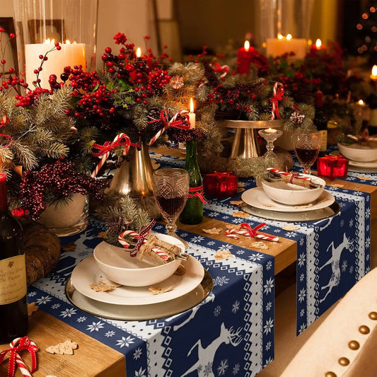 Table Runner Collection - Christmas Elk with Blue Art Snowflake Linen Table Runners