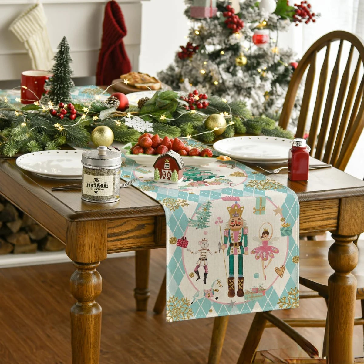 Table Runner Collection- Christmas Pink Diamond Plaid Nutcracker Snowflake Linen Table Runner