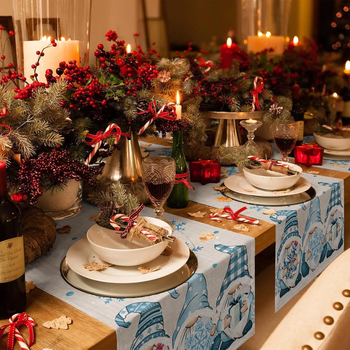 Table Runner Collection - Christmas Blue Gnomes Snowflake Linen Table Runners
