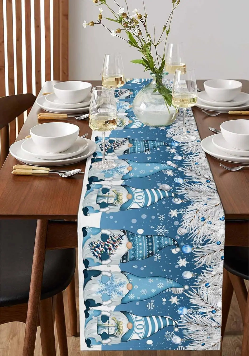 Table Runner Collection - Christmas Blue Gnomes Linen Table Runner