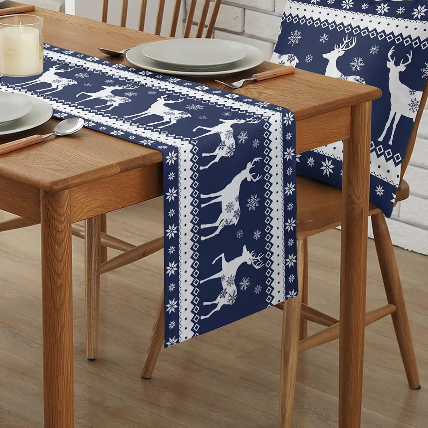 Table Runner Collection - Christmas Elk with Blue Art Snowflake Linen Table Runners