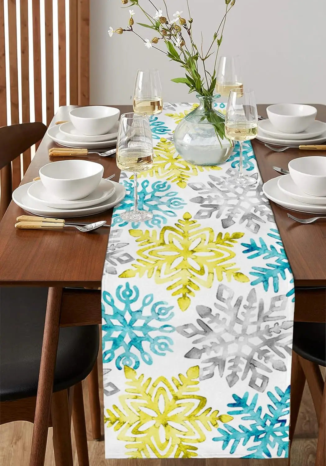 Table Runner Collection - Christmas Yellow Teal Grey Snowflake Linen table runners