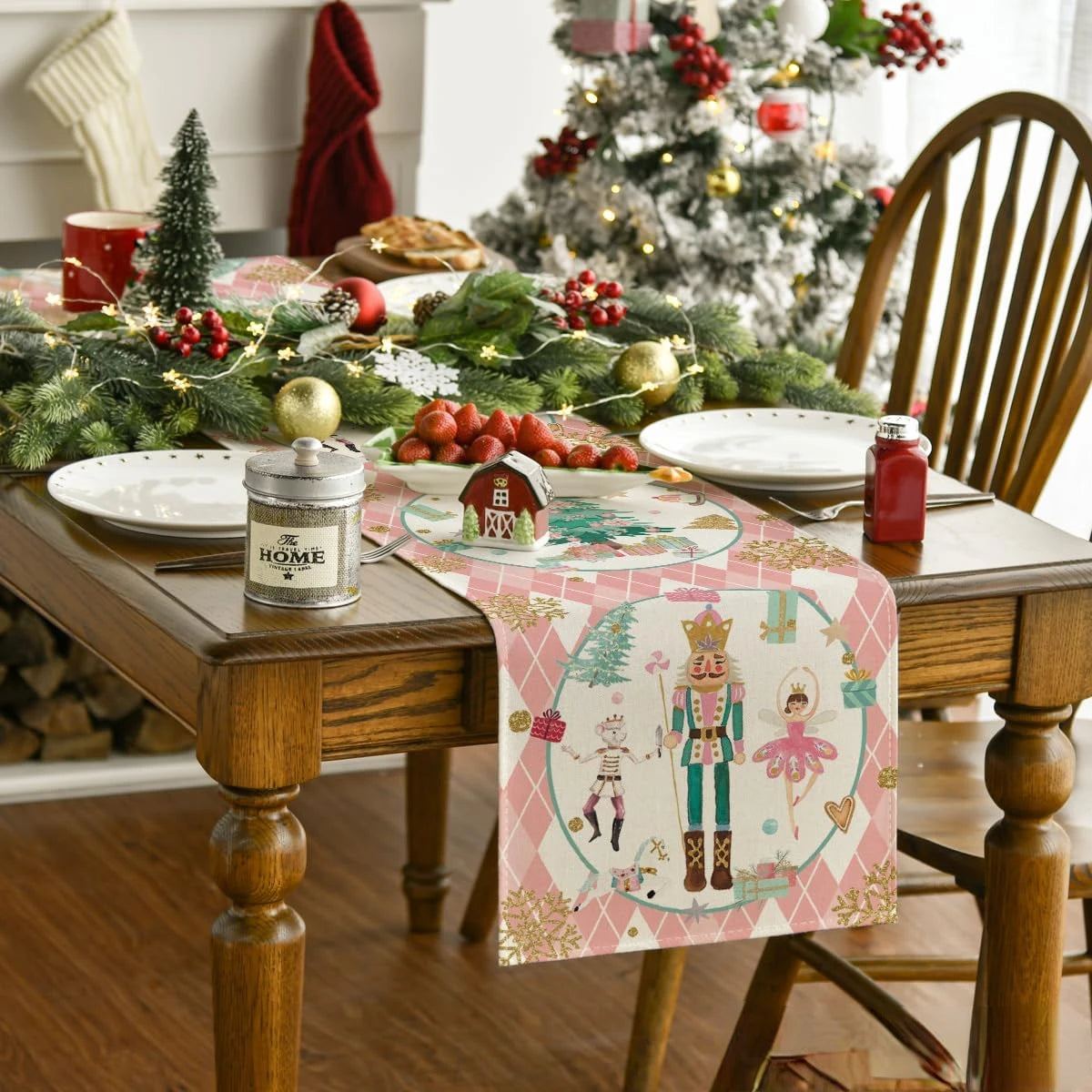 Table Runner Collection- Christmas Pink Diamond Plaid Nutcracker Snowflake Linen Table Runner