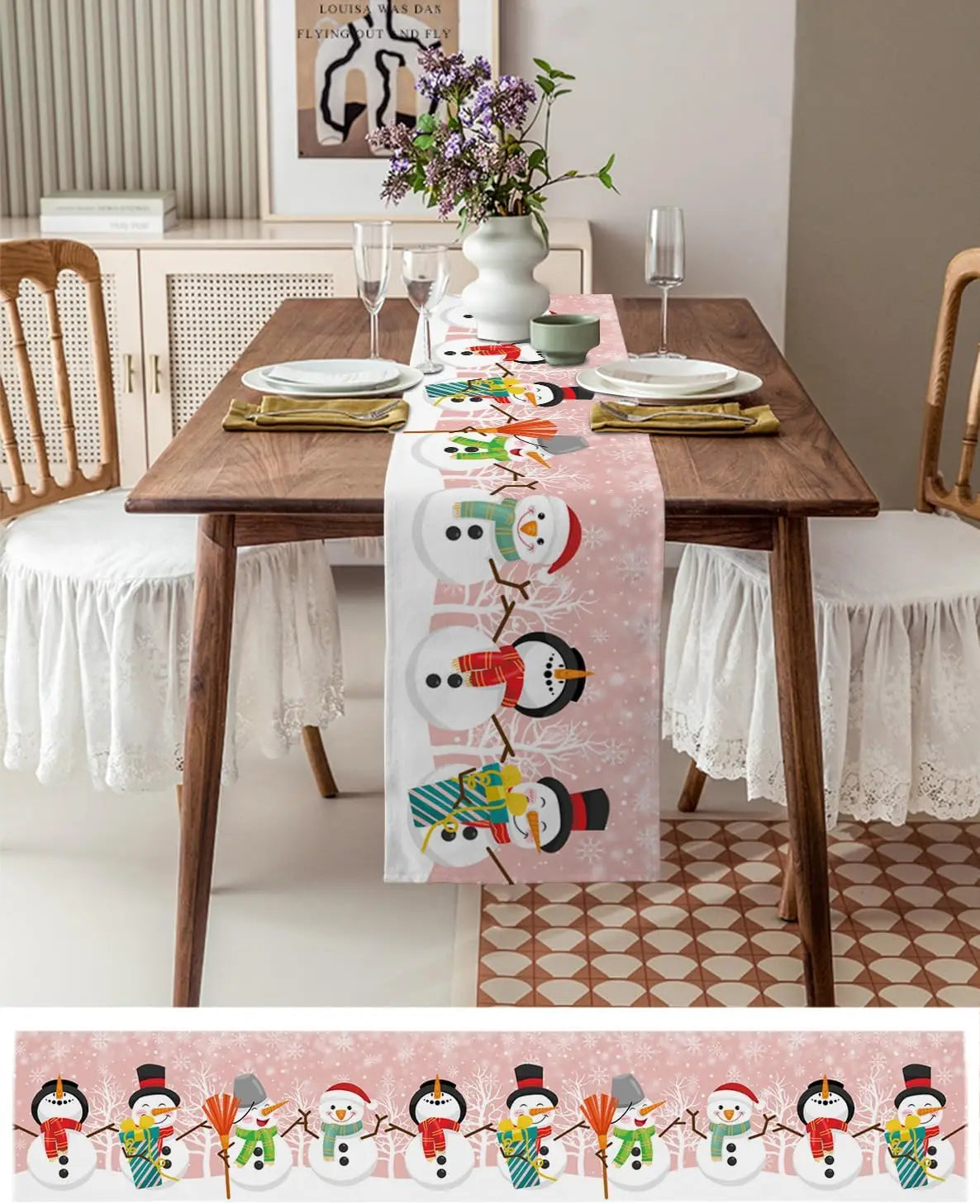 Table Runner Collection - Christmas Snowman Pink Linen Table Runner