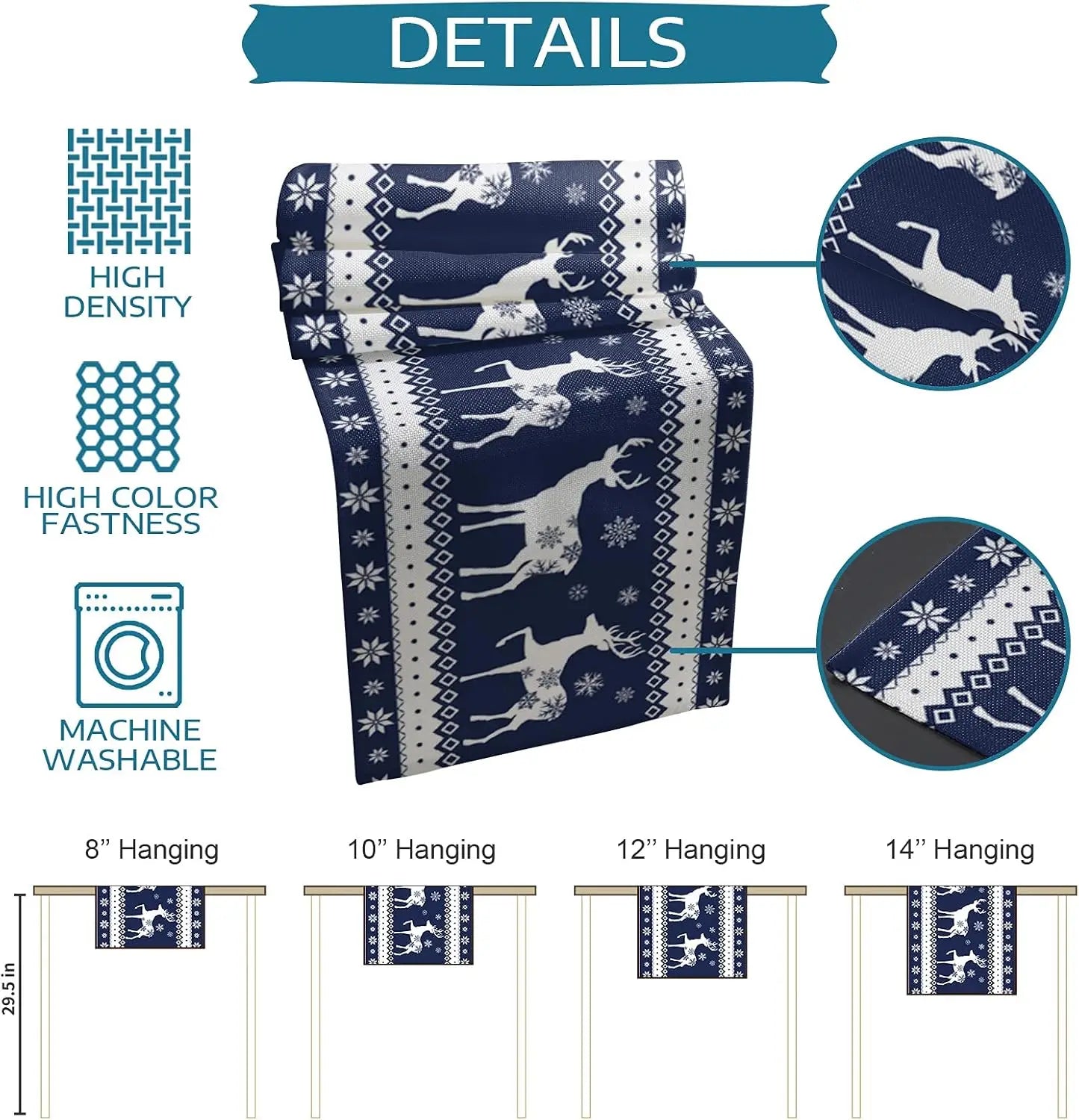 Table Runner Collection - Christmas Elk with Blue Art Snowflake Linen Table Runners
