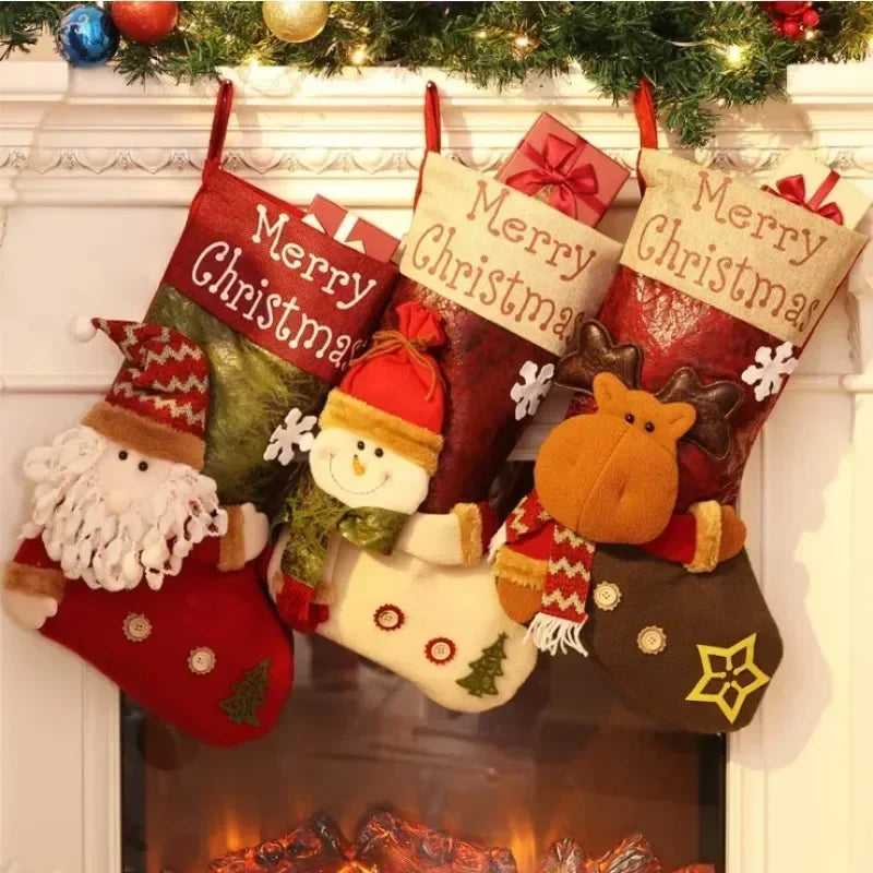 Christmas Stocking Collection -  Snowman Santa Elk Kid Candy Gift Bag Sock Fireplace Decor