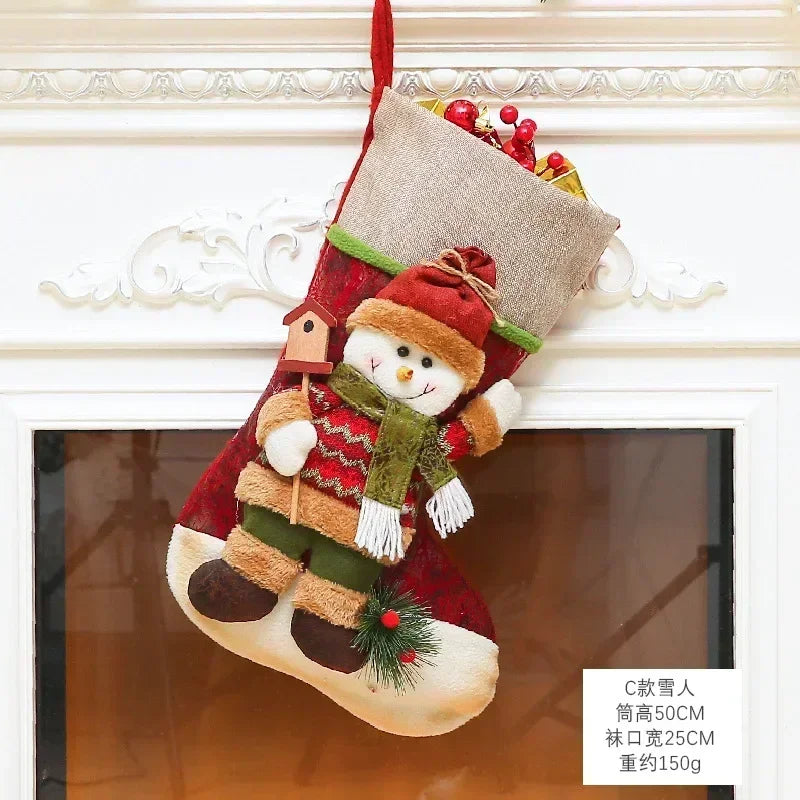Christmas Stocking Collection -  Snowman Santa Elk Kid Candy Gift Bag Sock Fireplace Decor