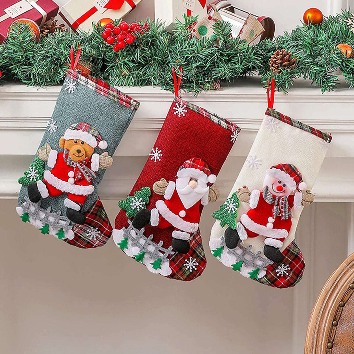 Christmas Stocking Collection - 12 Inch Large 4pcs Christmas Stockings Set – 12” Cotton Holiday Hanging Socks (Santa, Snowman, Reindeer & Tree Designs)