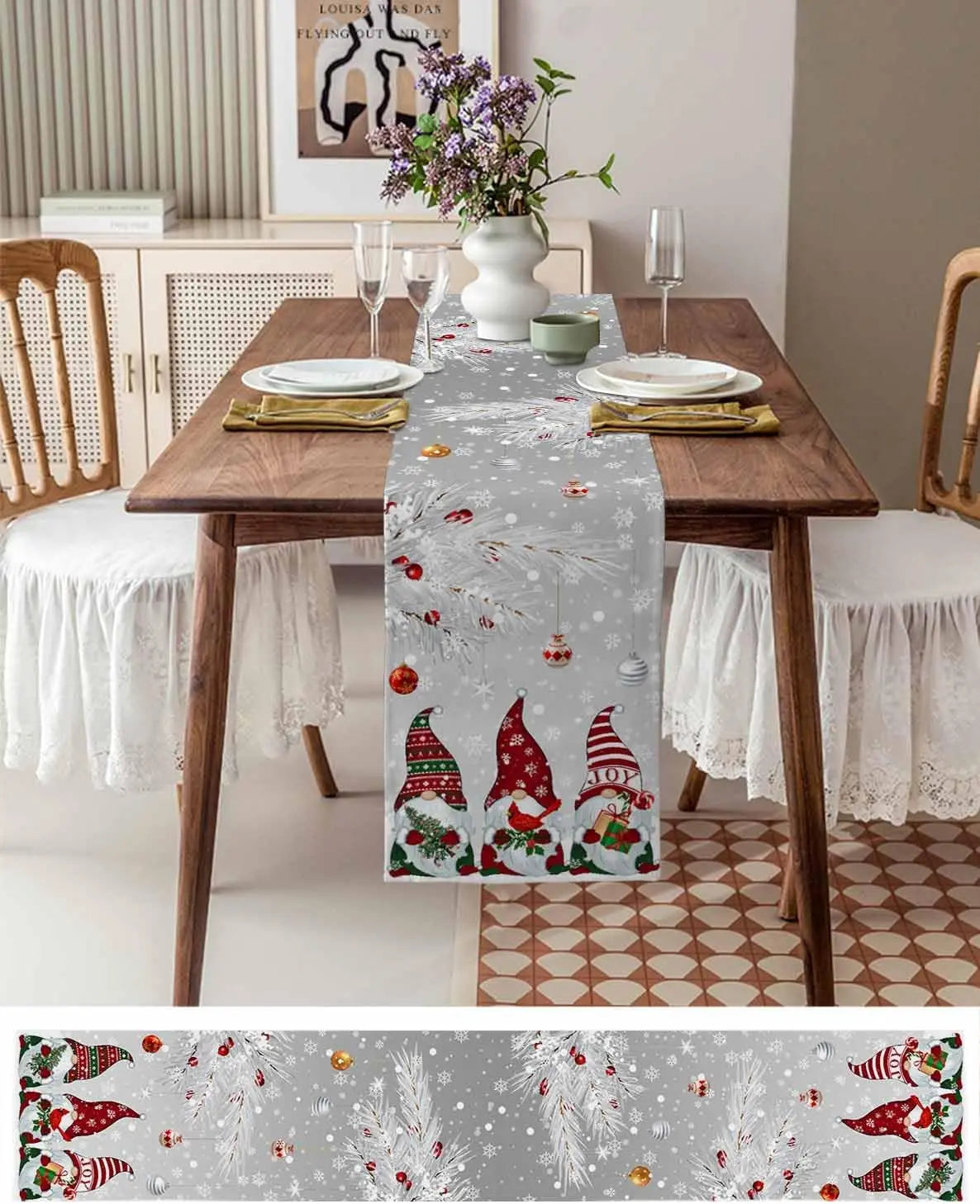 Table Runner Collection - Christmas Pink Gnomes Linen Table Runner