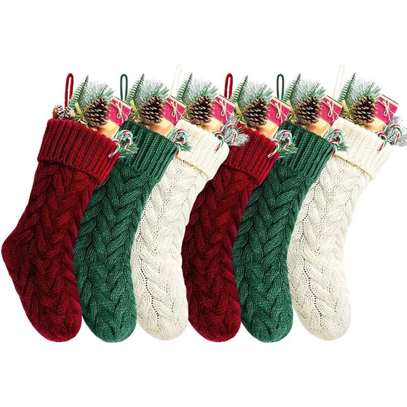 Christmas Stocking Collection - 6pcs Knitted Christmas Stockings Set – Large 18” Holiday Hanging Socks (Red, Green & Ivory)