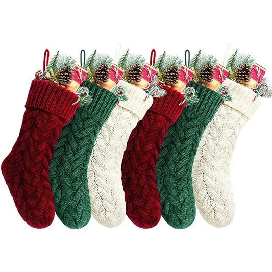 Christmas Stocking Collection - 6pcs Knitted Christmas Stockings Set – Large 18” Holiday Hanging Socks (Red, Green & Ivory)